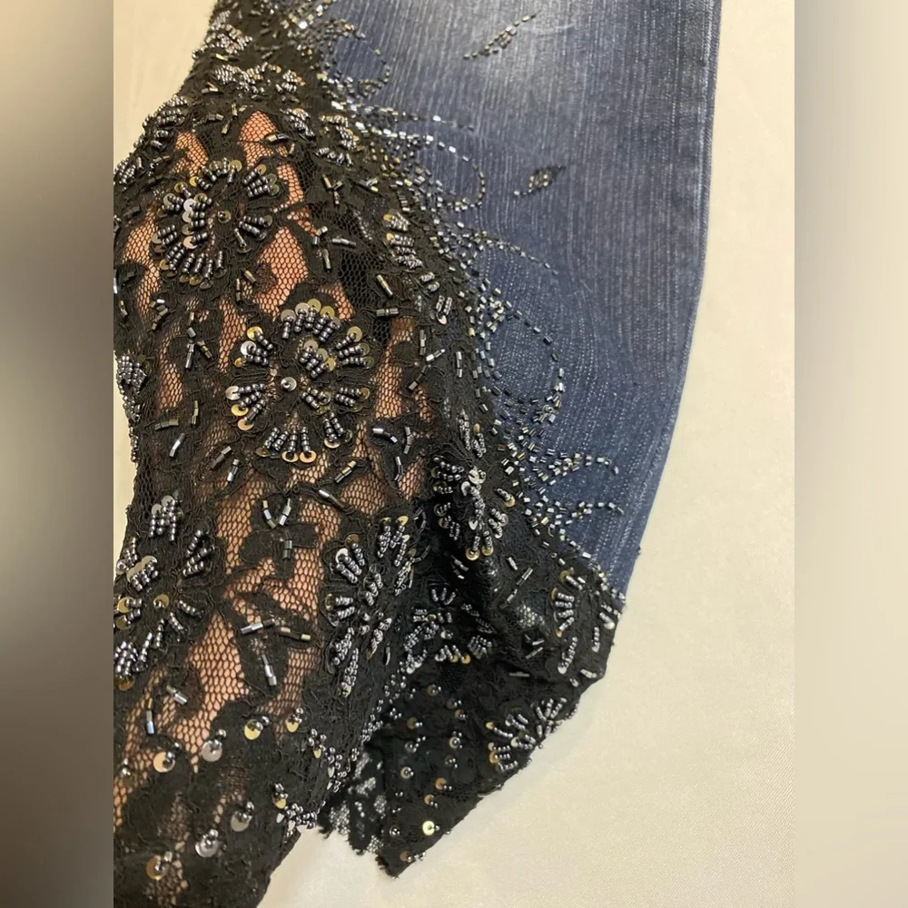 Embellished deep blue denim jeans Sequin Black Lace Embroidered Capri - Picture 8 of 13